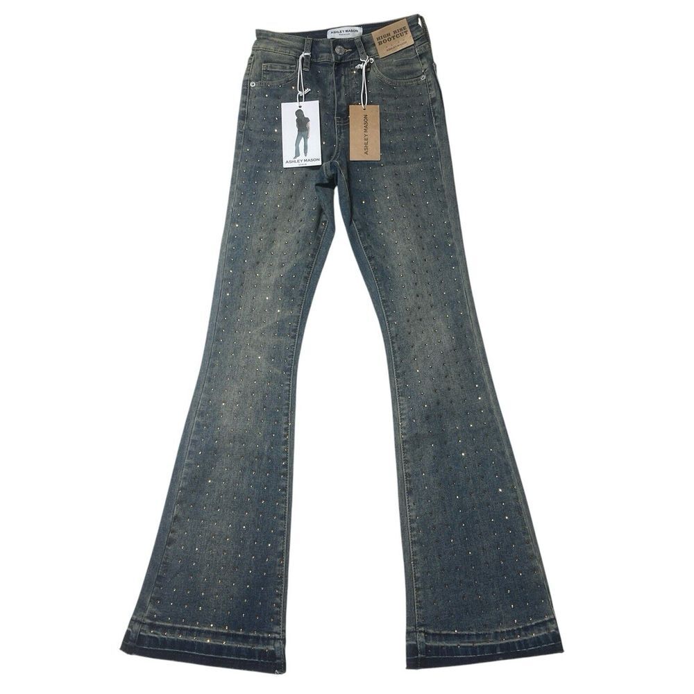NWT Ashley Mason Premium Women's Size 00/23 High Rise Bootcut Rhinestones Jeans